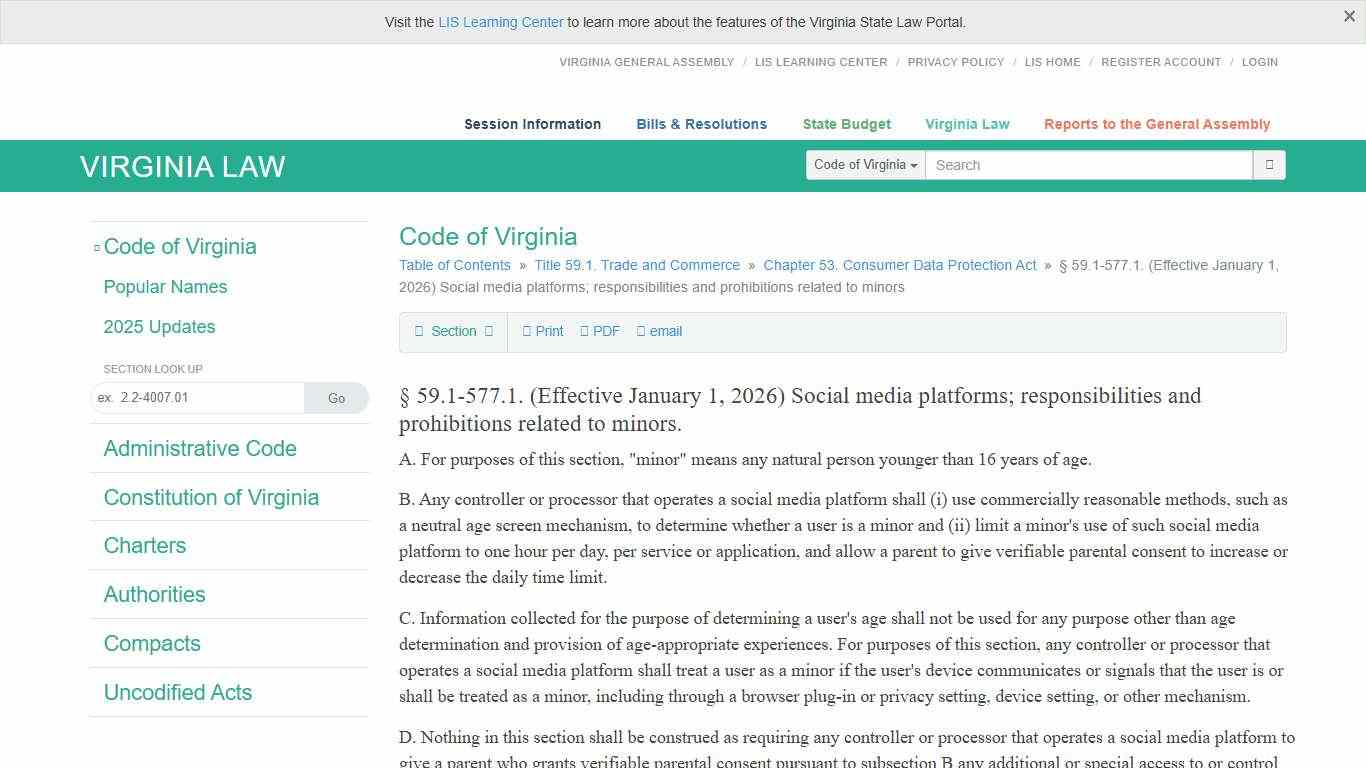 § 59.1-577.1. (Effective January 1, 2026) Social media platforms; responsibilities and prohibitions related to minors